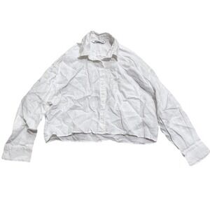 Zara Button-Up Shirt XS Linen White Cropped Top Classic Preppy Boxy Oversized
